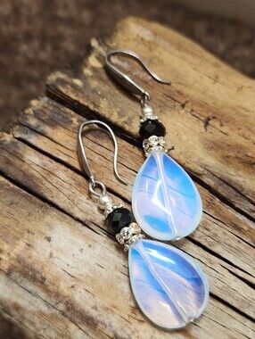 Silver Earrings Blue Opalit Teardrop Black Stone Hypoallergenic Stainless Hooks